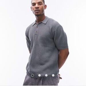 Topman Gray Polo Shirt with Short Sleeves and Knit Texture